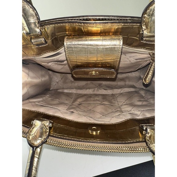 Michael Kors Gold Karla Satchel Shoulder Bag Handbag Purse Embossed Leather - Picture 8 of 16